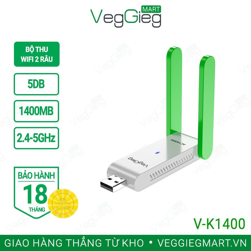 USB THU WIFI VEGGIEG 2 ANGTEN 1400Mbps 2 băng tần 2.4-5G màu Trắng VK1401