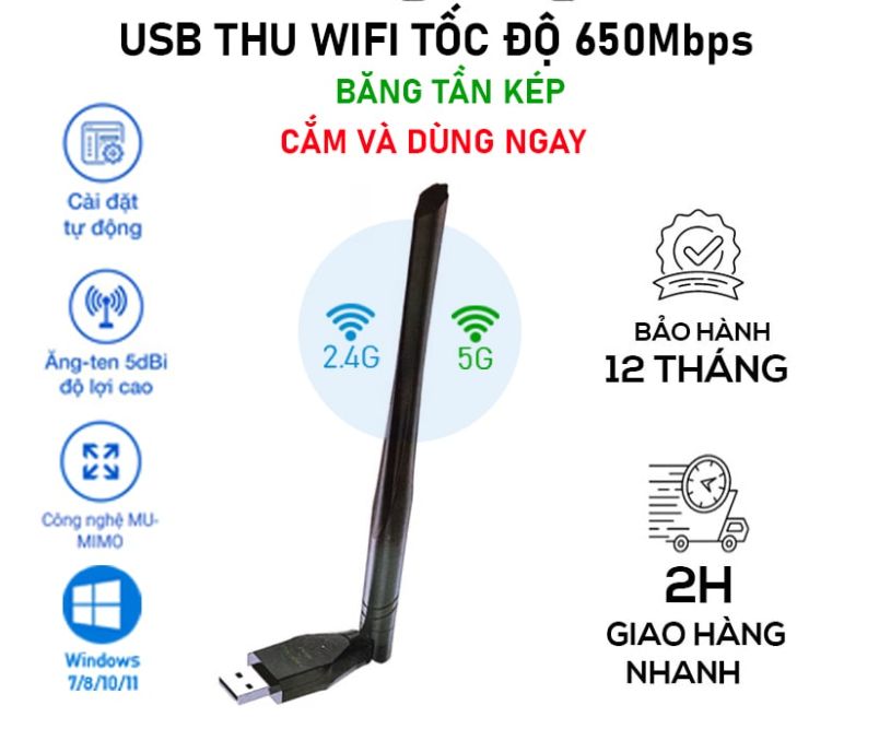 USB THU WIFI VEGGIEG 650Mbps 2 băng tần 2.4G - 5G V-K650