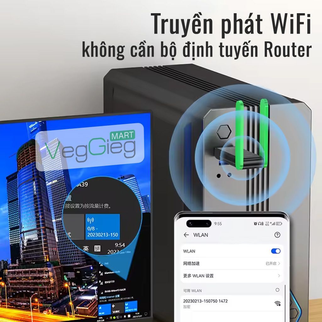 USB THU WIFI VEGGIEG 2 ANGTEN 1400Mbps 2 băng tần 2.4-5G màu Trắng VK1401